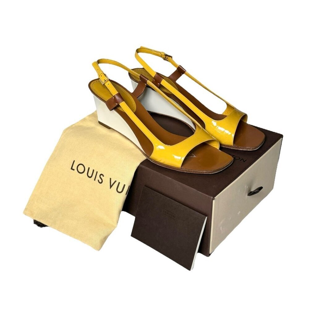 Louis Vuitton Yellow and Brown Patent Leather T-Strap Wedge Sandals